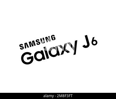 Samsung Galaxy J6, logo pivoté, arrière-plan blanc Banque D'Images