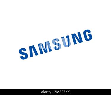 Samsung Electronics, logo pivoté, arrière-plan blanc Banque D'Images