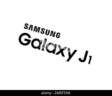 Samsung Galaxy J1, logo pivoté, arrière-plan blanc B Banque D'Images