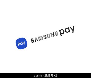 Samsung Pay, logo pivoté, fond blanc Banque D'Images