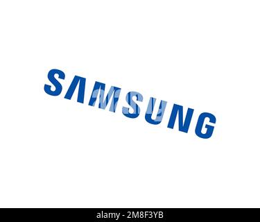 Samsung Telecommunications, logo pivoté, fond blanc B Banque D'Images