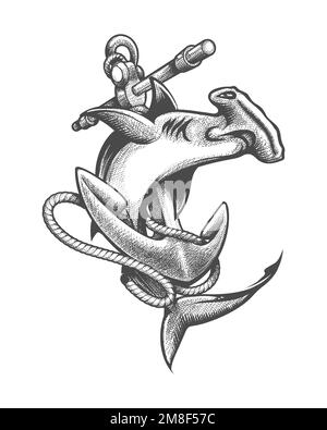 Tatouage de requin Hammerhead et d'ancrage de navire dessiné en style gravure. Illustration vectorielle isolée sur fond blanc/ Illustration de Vecteur