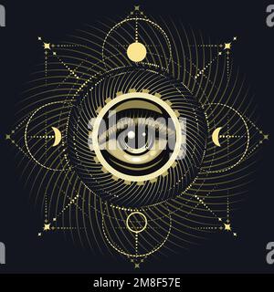 Emblème ésotérique de l oeil sur la géométrie sacrée arrière-plan isolé sur fond noir. Illustration vectorielle. Illustration de Vecteur