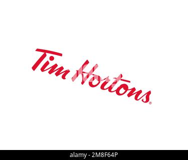 Tim Hortons, logo pivoté, fond blanc B Banque D'Images