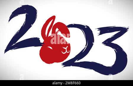 Design en forme de coup de pinceau avec numéro bleu 2023 et silhouette de lapin rouge, célébrant le nouvel an chinois du lapin d'eau. Illustration de Vecteur