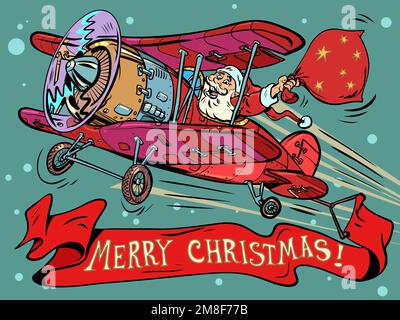 Le Père noël avec des cadeaux vole sur un avion rétro. Inscription Joyeux noël. Thème des fêtes et de la nouvelle année. Un vieux personnage joyeux avec une barbe Illustration de Vecteur