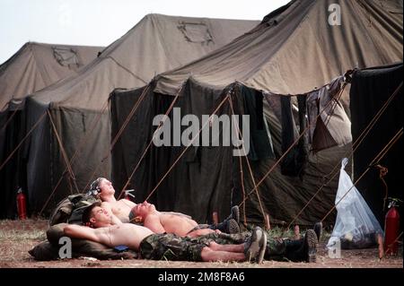 Trois militaires hors service se détendent à l'extérieur de leur tente dans la base de soutien des services humanitaires établie pour l'opération fournir confort, un effort multinational pour aider les réfugiés kurdes dans le nord de l'Irak et le sud de la Turquie. Sujet opération/série: FOURNIR LE CONFORT base: Silopi pays: Turquie (TUR) Banque D'Images