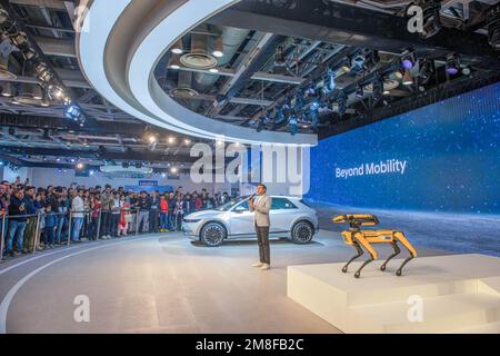 Grande Noida, Inde. 13th janvier 2023. Boston Dynamics Spot robot divertissant les visiteurs à Hyundai stall pendant l'Auto Expo 2023, India Expo Mart. (Photo de Pradeep Gaur/SOPA Images/Sipa USA) crédit: SIPA USA/Alay Live News Banque D'Images