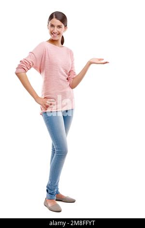 Portrait, maquette et marque avec une femme modèle en studio isolée sur un fond blanc pour promouvoir un produit. Marketing, marque et publicité avec Banque D'Images