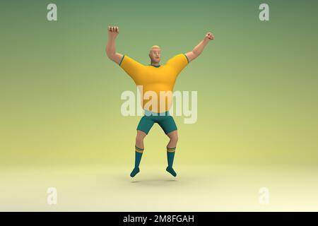 Un athlète portant une chemise jaune et un pantalon vert saute. 3d rendu du personnage de dessin animé en action. Banque D'Images