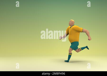 Un athlète portant une chemise jaune et un pantalon vert est en train de se mettre en mouvement. 3d rendu du personnage de dessin animé en action. Banque D'Images