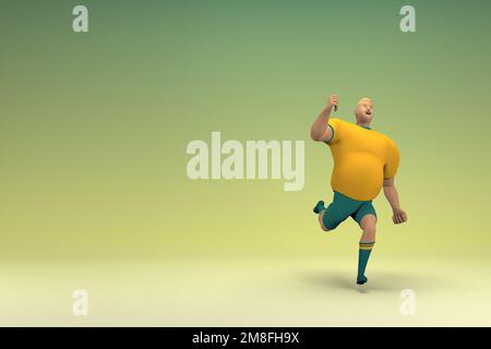 Un athlète portant une chemise jaune et un pantalon vert est en train de se mettre en mouvement. 3d rendu du personnage de dessin animé en action. Banque D'Images