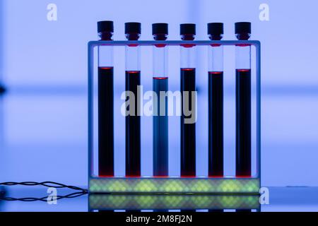 échantillons de liquide radioactif dans des tubes à essai dans un laboratoire de physique nucléaire Banque D'Images
