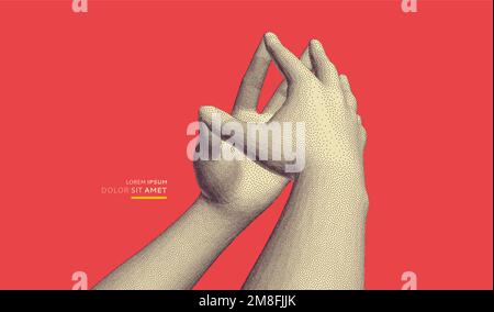 Mains avec les doigts en acier. Langage corporel de l'homme pour la confiance et l'estime de soi. Symbolique pour l'unité et l'harmonie. 3D illustration vectorielle. Peut être utilisé pour Illustration de Vecteur