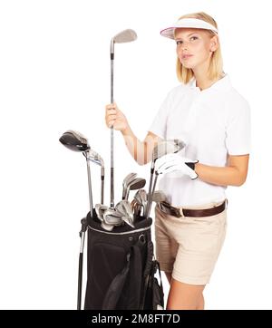 Golf, femme et clubs de sport portrait d'un modèle avec équipement sportif et arrière-plan blanc isolé. Réflexion, choix de club de jeu et athlète féminine avec Banque D'Images