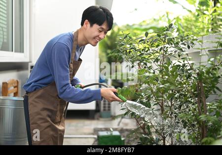 Homme agréable arroser les plantes à partir du tuyau, en prenant soin des plantes dans le jardin. Jardinage concept de passe-temps Banque D'Images