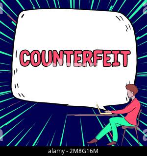 Affiche affichant la contrefaçon. Concept d'affaires fait en imitation de quelque chose d'autre avec l'intention de tromper Banque D'Images