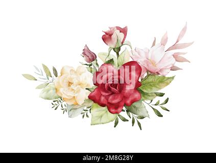 Arrangements aquarelle avec fleurs de rose. Bouquets de rose, rouge, jaune et feuilles pour les cartes de mariage, de Saint-Valentin ou de voeux. Botani Illustration de Vecteur