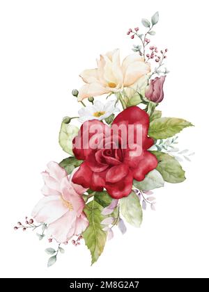 Arrangements aquarelle avec fleurs de rose. Bouquets de rose, rouge, jaune et feuilles pour les cartes de mariage, de Saint-Valentin ou de voeux. Botani Illustration de Vecteur