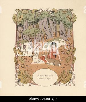 Art promotionnel pour Muses des Bois, une émanation de Rigaud. Deux jeunes femmes s'assoient avec un cerf dans une forêt défrichement. La ligne a été interrompue. Illustration en couleur de Carlegle d'Andre de Fouquieres' les parfums de Rigaud, lettres d'une fille parisienne et américaine, l'art des parfums, lettres d'un parisien et d'une Américaine, Maison Rigaud, parfum, Paris, 1915. Banque D'Images