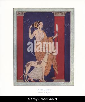 Art promotionnel pour Mary Garden, parfum de Rigaud, 1913. Il a été lancé en 1910 et a été abandonné par la suite. Une femme en style grec ancien et costume avec des cordes de perles regarde dans un miroir entre deux colonnes. Mary Garden était une chanteuse d'opéra mézzosoprano écossaise-américaine populaire. Illustration imprimée en couleur par George Barbier d'Andre de Fouquieres' les parfums de Rigaud, lettres d'une fille parisienne et américaine, l'art des parfums, lettres d'un parisien et d'une Américaine, Maison Rigaud, parfum, Paris, 1915. Banque D'Images