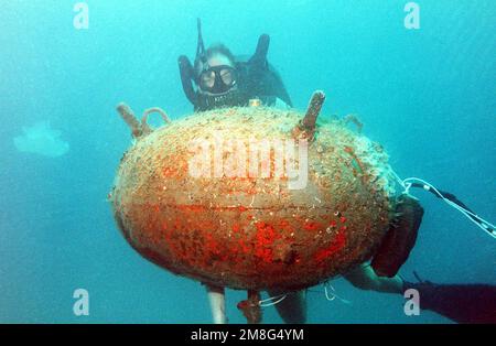 Un plongeur du détachement 8, unité mobile d'élimination des explosifs d'artillerie (EOD) 6, se glisse derrière une mine iraquienne après avoir attaché une charge explosive sur son côté. En travaillant avec les États-Unis Groupe de travail sur les contre-mesures concernant les mines, les plongeurs du détachement 8 ont récupéré ou détruit 40 mines iraquiennes dans les ports du golfe Persique et du Koweït. Pays: Golfe persique Banque D'Images