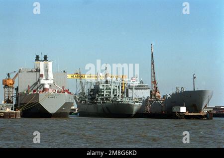 Le cargo USNS ALGOL (T-AKR-287) et la Force de réserve prête pour le commandement militaire du Sealift font le fret des navires USNS CALIFORNIA (T-AK-567) et USNS CAPE LAMBERT (T-AKR-5077) amarrés au chantier naval d'Alabama Maritime Corporation. Base: Mobile État: Alabama(AL) pays: Etats-Unis d'Amérique (USA) Banque D'Images