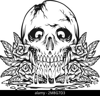Illustrations vectorielles monochromes à motif tête de crâne rose et motif floral effrayant pour votre logo, votre t-shirt, vos autocollants et étiquettes, votre affiche Illustration de Vecteur