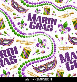 Vector Mardi gras Schéma sans couture, répétition de l'arrière-plan avec illustrations du symbole fleur de lis, masque de venise, perles colorées, instruments de musique, texte Illustration de Vecteur