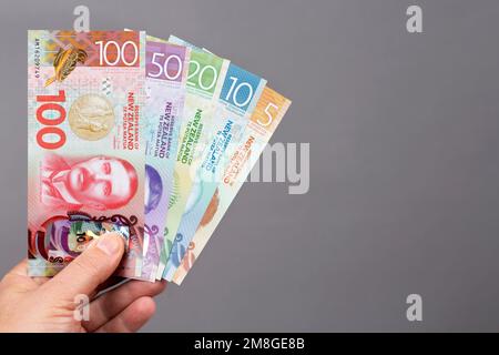 New Zealand Money - nouvelle série de billets dans la main sur fond gris Banque D'Images