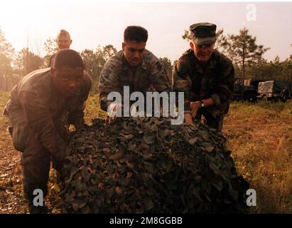 Les filets de cammie roulés, de gauche à droite, sont des Lance CPL. Lucas, CPL Jacinto et Lance CPL. Beachy du Bataillon du quartier général, 2nd Marine Div. Objet opération/série: OCEAN VENTURE 92 base: Base de corps marins, Camp Lejeune État: Caroline du Nord (NC) pays: États-Unis d'Amérique (USA) Banque D'Images