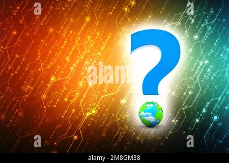 Point d'interrogation et globe terrestre en arrière-plan numérique. rendu 3d. Banque D'Images