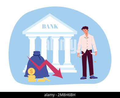 Crise financière. Homme pauvre avec des poches vides regardant la flèche de chute. Personnage de dessin animé perdant de l'argent Illustration de Vecteur