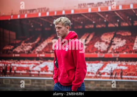 Nottingham, Royaume-Uni. 14th janvier 2023. Joe Worrall #4 de Nottingham Forest arrive devant le Premier League Match Nottingham Forest vs Leicester City à City Ground, Nottingham, Royaume-Uni, 14th janvier 2023 (photo de Ritchie Sumpter/News Images) à Nottingham, Royaume-Uni le 1/14/2023. (Photo de Ritchie Sumpter/News Images/Sipa USA) crédit: SIPA USA/Alay Live News Banque D'Images