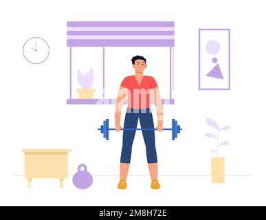 Exercices à la maison. Un homme fait de l'exercice avec une barbell dans le salon. Poids de levage d'athlète d'homme actif Illustration de Vecteur