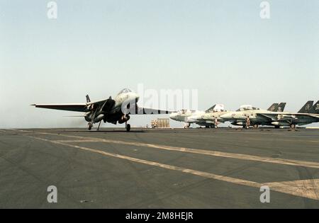 Un avion de combat 84 (VF-84) F-14A Tomcat atterrit sur le porte-avions à propulsion nucléaire USS THEODORE ROOSEVELT (CVN-71) pendant l'opération Deny Flight. Objet opération/série: DENY FLIGHT pays: Mer Adriatique Banque D'Images