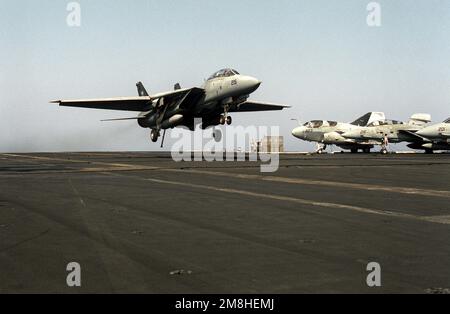 Un avion de combat 84 (VF-84) F-14A Tomcat atterrit sur le porte-avions à propulsion nucléaire USS THEODORE ROOSEVELT (CVN-71) pendant l'opération Deny Flight. Objet opération/série: DENY FLIGHT pays: Mer Adriatique Banque D'Images