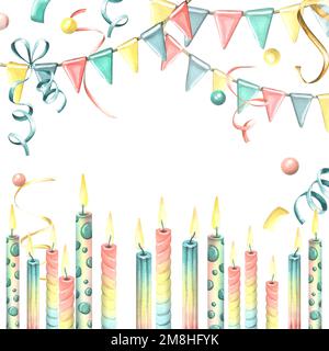 Bougies festives, guirlandes avec drapeaux, confettis et rubans. Illustration aquarelle. Un modèle de la collection JOYEUX ANNIVERSAIRE. Pour la conception Banque D'Images