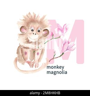 Lettre M, singe, magnolia, enfants adorables animaux colorés et fleur ABC alphabet. Illustration aquarelle isolée sur fond blanc. Peut être utilisé pour Banque D'Images