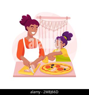 Illustration vectorielle isolée des ingrédients de la pizza. Préparer la nourriture à la maison, pizza maison, les membres de la famille mettent le fromage sur la base, cuisinier amusant Illustration de Vecteur