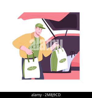 Chargement d'illustrations vectorielles de dessins animés isolés de provisions. Un ouvrier souriant qui met des produits d'épicerie dans la voiture d'un client, qui achète des plats et des boissons à emporter, des bordures de trottoir Illustration de Vecteur