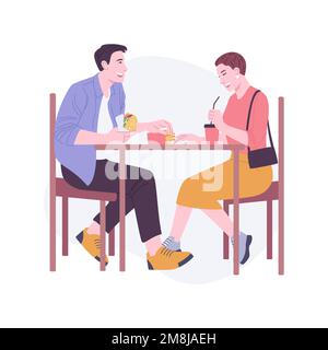 Déjeuner rapide illustrations vectorielles de dessins animés isolés. Heureux couple assis dans le café à l'extérieur, manger un sandwich savoureux, restaurant à l'extérieur, déjeuner togeth Illustration de Vecteur