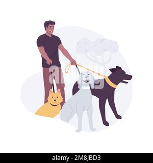 Illustrations vectorielles de dessin animé isolées du service de marche de chien. Un jeune homme marche dans le parc avec un groupe de chiens mignons, le mode de vie des gens, les services de soins aux animaux de compagnie, p Illustration de Vecteur