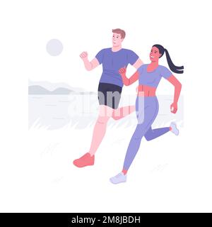 Trail exécutant des illustrations vectorielles de dessins animés isolées. Jeune couple courant campagne ensemble, sport jogging dans la montagne ensemble, exercice physique Illustration de Vecteur