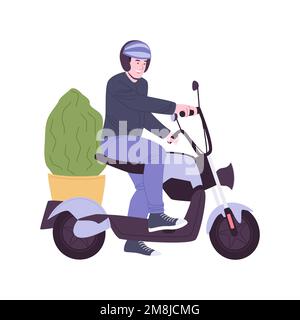 Illustrations vectorielles de dessin animé isolées de motocyclettes électriques. Homme souriant à moto électrique, style de vie urbain, transport en ville, transport en commun Illustration de Vecteur