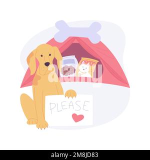 Faites un don à des illustrations vectorielles de dessins animés isolées d'abris pour animaux. Poste de don de chiens avec fournitures, attitude responsable, activité sociale, benevoleri Illustration de Vecteur