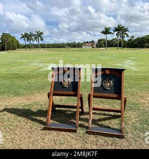 Jupiter, FL États-Unis - 31 mai 2022 : le tee d'entraînement au parcours de golf national de Trump à Jupiter, Floride. Banque D'Images