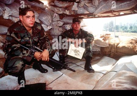 PFC. Dominic Betbeze (L) et SGT. David Curtis, peloton (R) 3rd, 325th Charlie Company, Airborne combat Team (ABCT), Southern European Task Force (SETAF), Brigade d'infanterie, armée américaine, Vicenza, Italie, S'asseoir dans un soute en lisant un manuel de mitrailleuse M-60. PFC. Betbeze est armé d'un fusil M-16. Le bunker est situé sur le toit du terminal de l'aéroport. Sujet opération/série: RÉTABLIR LA BASE DE L'ESPOIR: Kigali pays: Rwanda (RWA) Banque D'Images