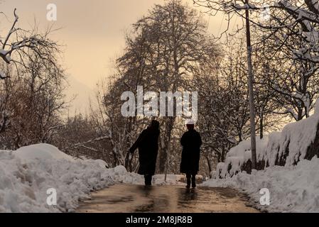 Srinagar, Inde. 14th janvier 2023. Les résidents marchent le long d'une route pendant une soirée après une forte chute de neige dans la banlieue de Srinagar. Des avalanches ont été signalées samedi dans les districts de Bandipora (Gurez) et de Ganderbal (Sonamarg) de Jammu-et-Cachemire, qui ont connu de fortes chutes de neige ces derniers jours. L'avalanche à Sonamarg est la deuxième à frapper le district en deux jours. (Photo par Irrees Abbas/SOPA Images/Sipa USA) crédit: SIPA USA/Alay Live News Banque D'Images