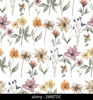 Fleurs sauvages motif sans couture, papier d'herbes séchées aquarelle, papier de fleurs des prés, motif de fleurs de jardin répété, motif d'impression florale Banque D'Images